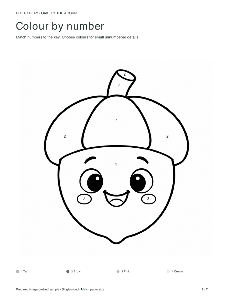 Acorn color by number worksheet with a colour key