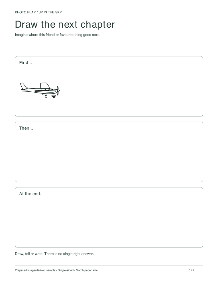 Airplane draw-a-story page with three scenes