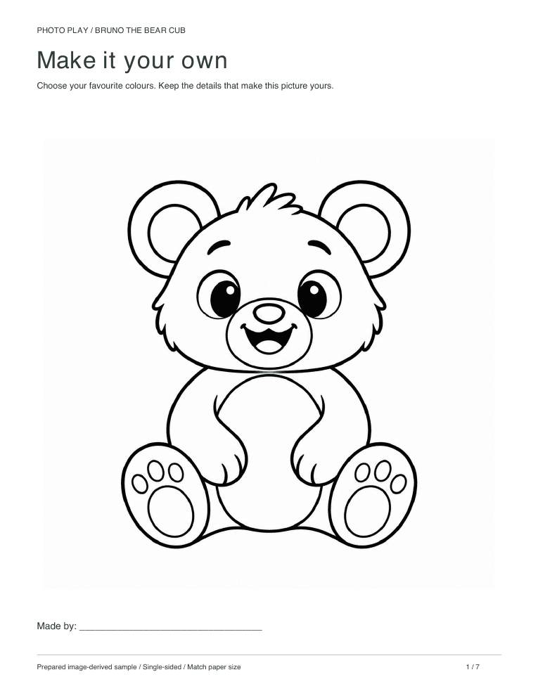 Bear cub coloring page, free printable