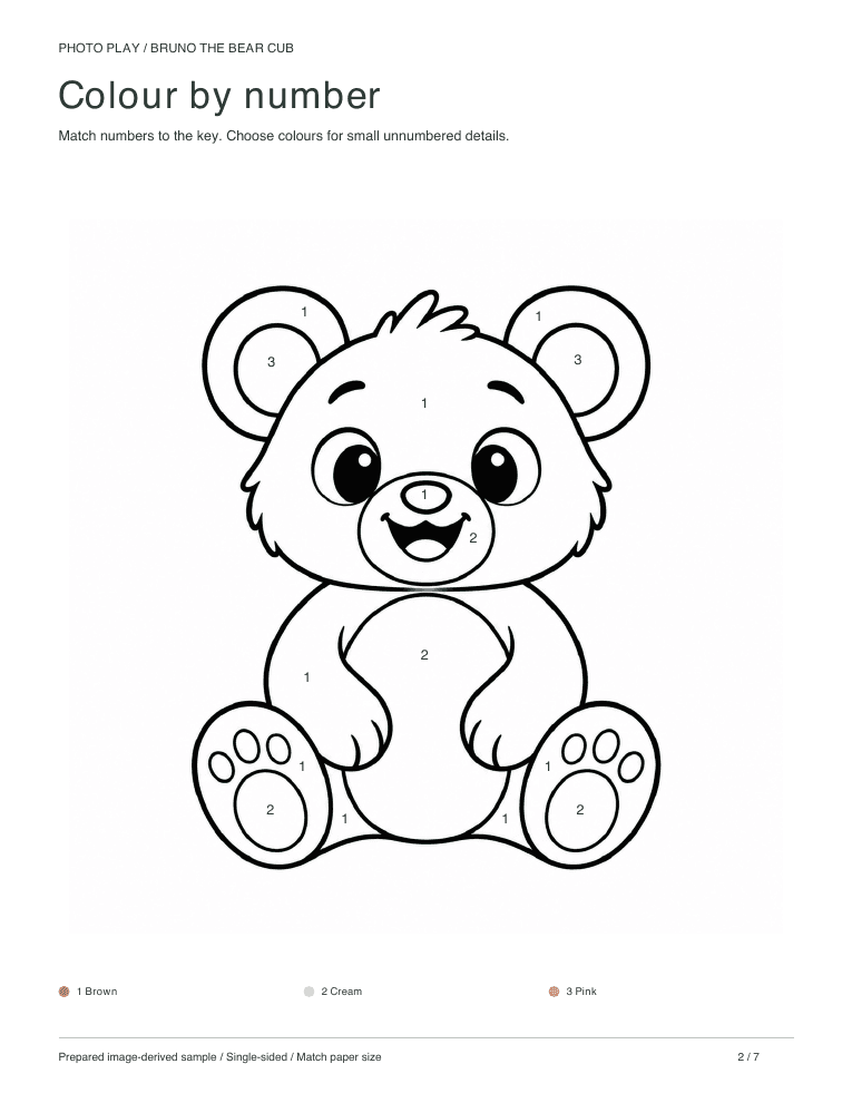 Bear cub color by number worksheet with a colour key