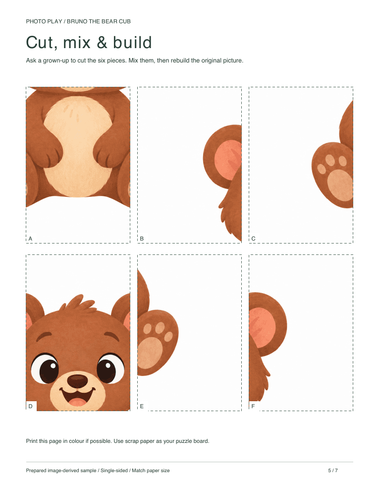 Bear cub cut-and-build picture puzzle sheet