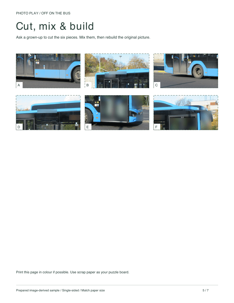 Bus cut-and-build picture puzzle sheet