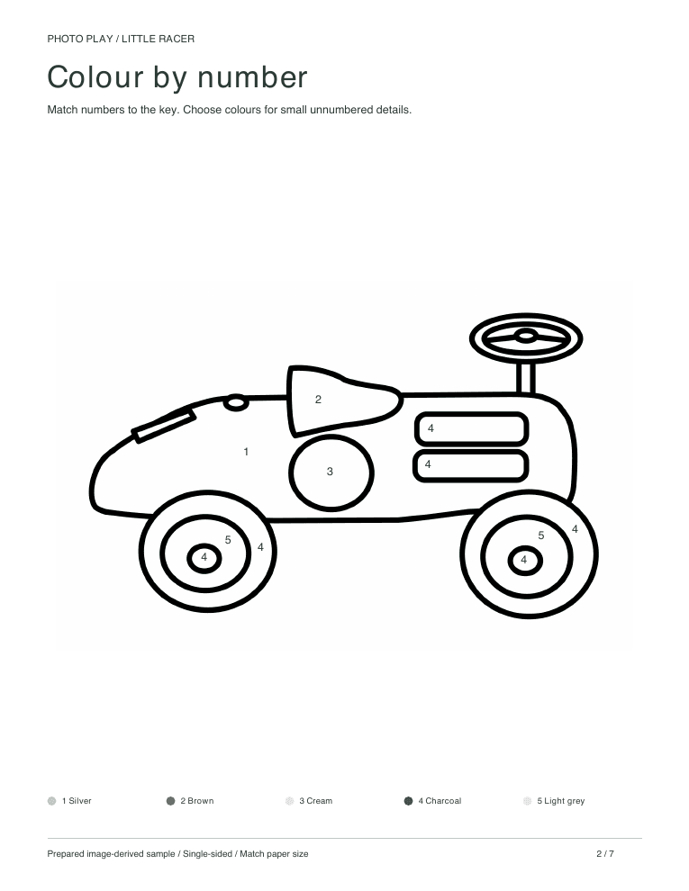 Toy car color by number worksheet with a colour key