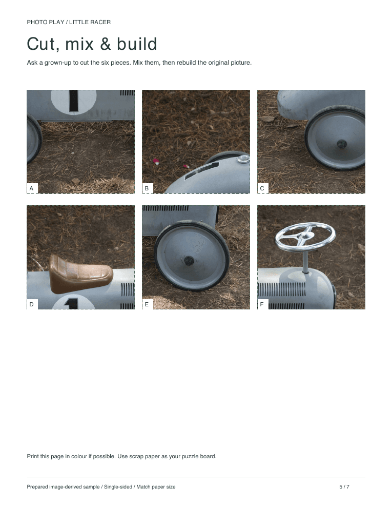 Toy car cut-and-build picture puzzle sheet