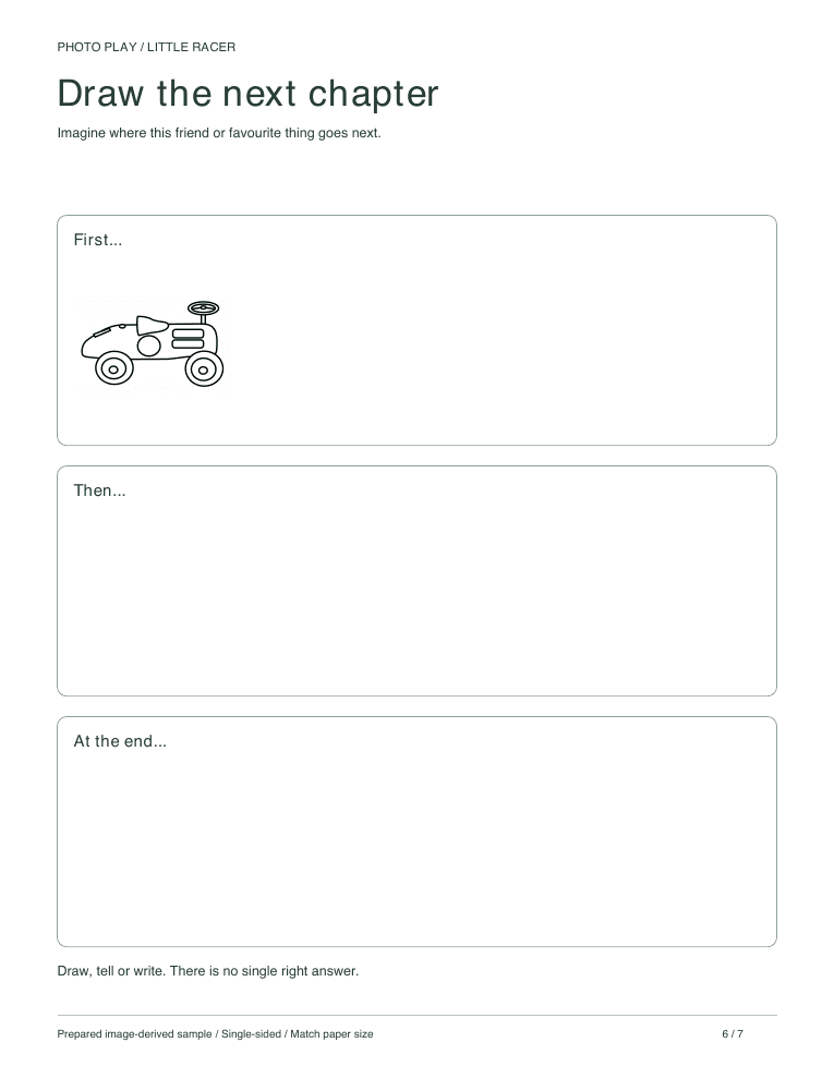 Toy car draw-a-story page with three scenes