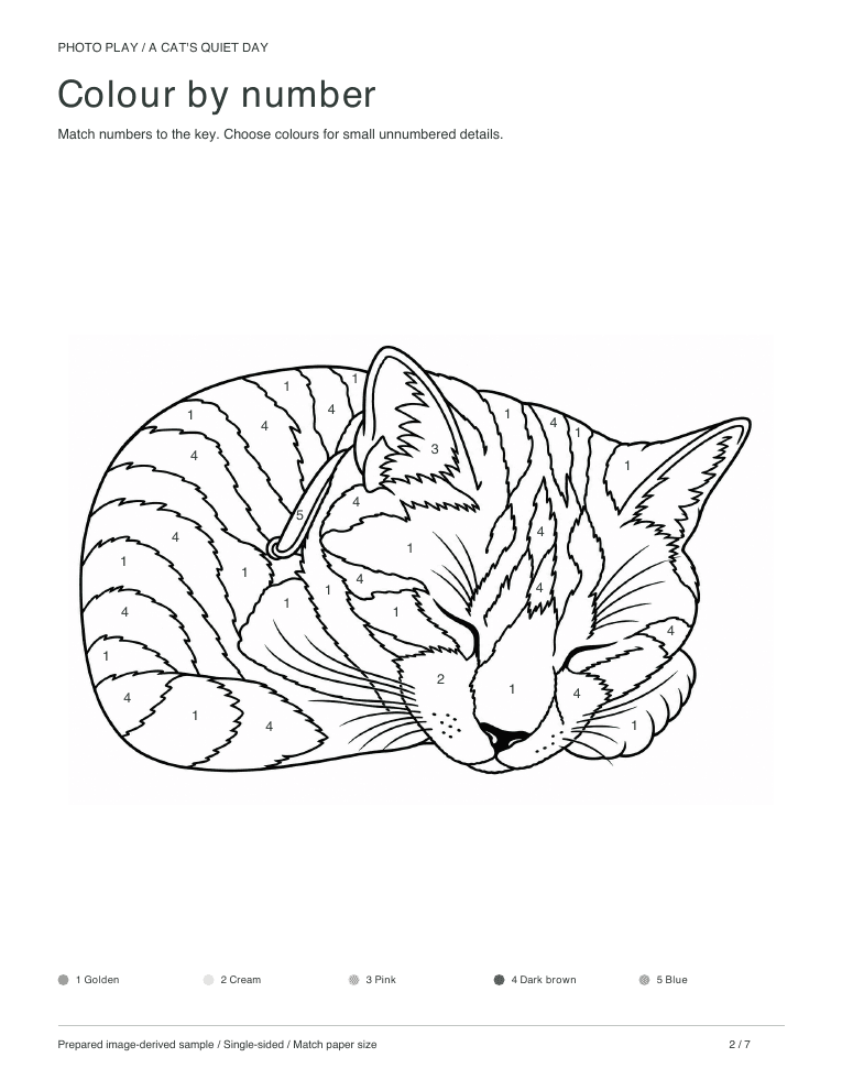 Cat color by number worksheet with a colour key