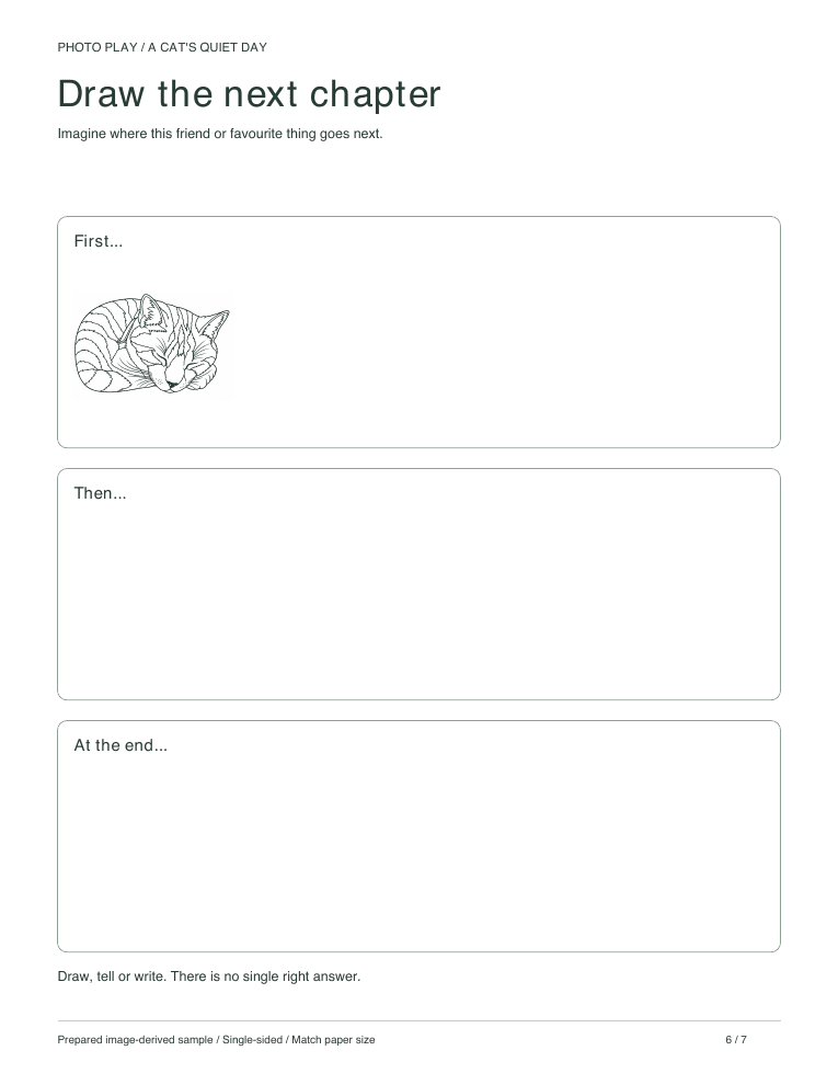 Cat draw-a-story page with three scenes