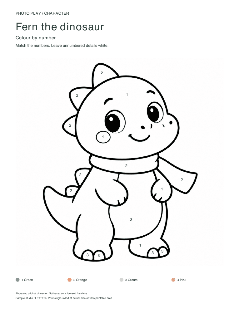 Dinosaur color by number worksheet with a colour key