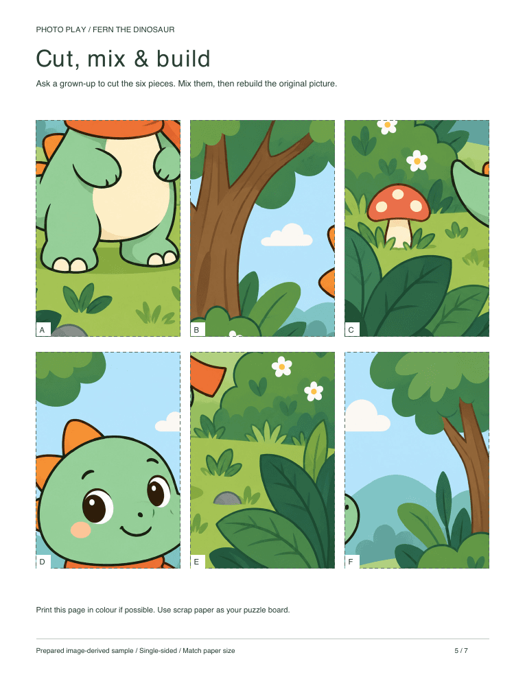 Dinosaur cut-and-build picture puzzle sheet