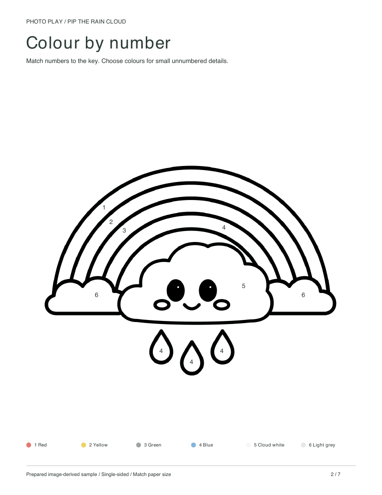 Rainbow cloud color by number worksheet with a colour key