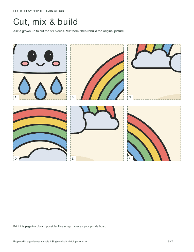Rainbow cloud cut-and-build picture puzzle sheet