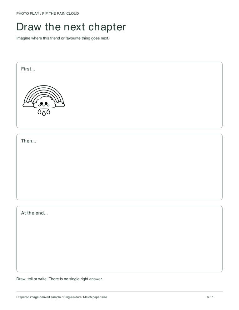 Rainbow cloud draw-a-story page with three scenes