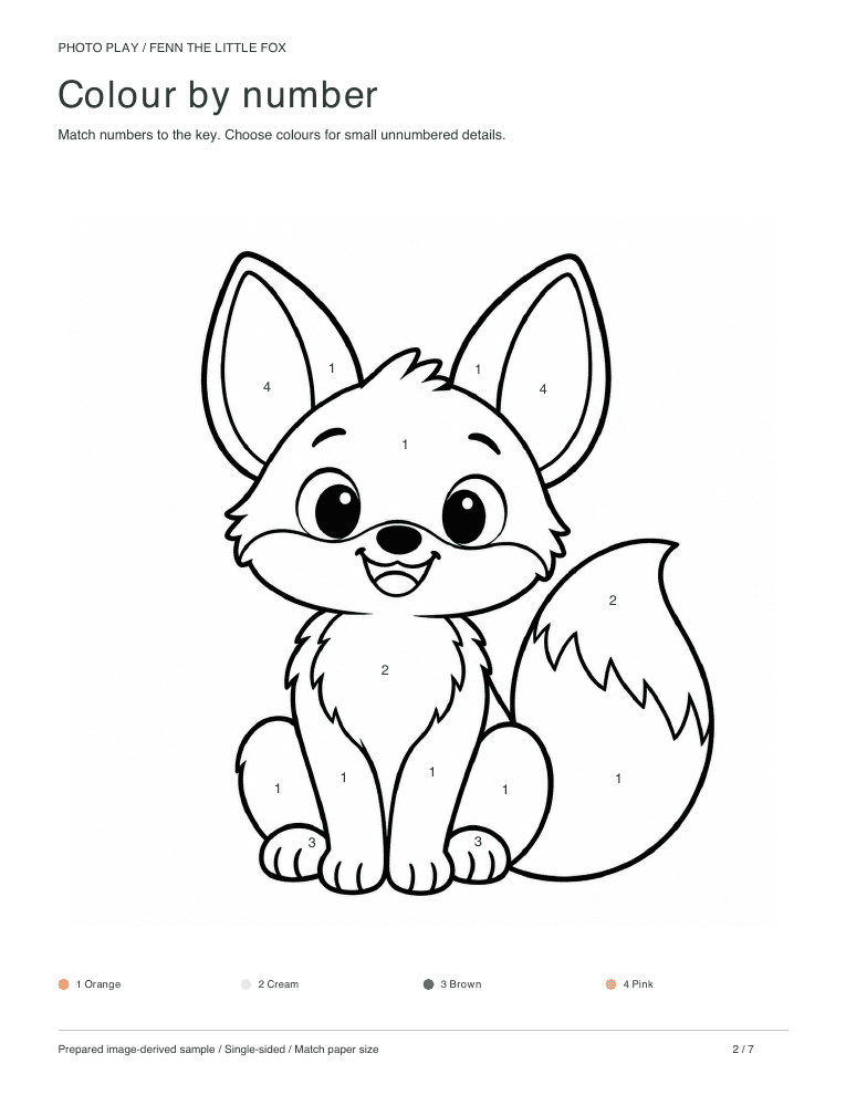 Fox color by number worksheet with a colour key