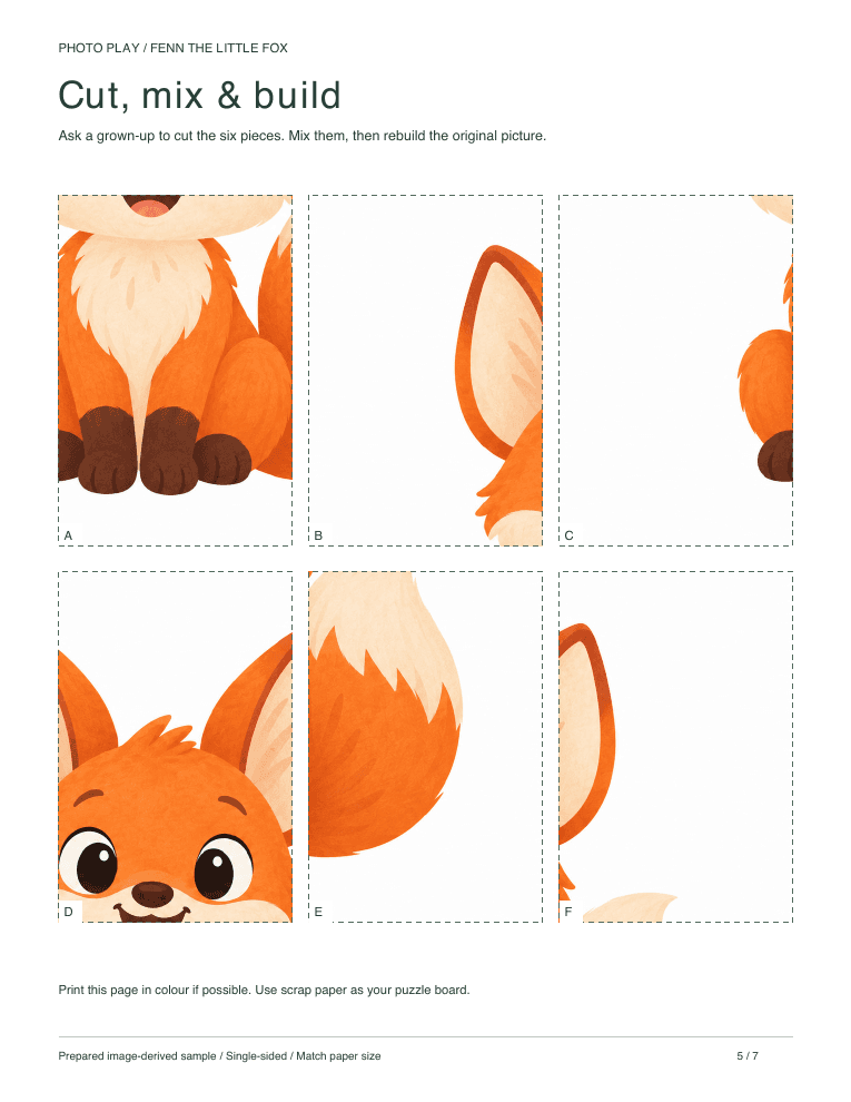 Fox cut-and-build picture puzzle sheet