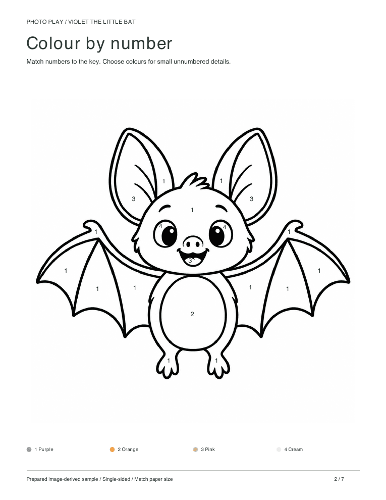 Friendly Halloween bat color by number worksheet with a colour key