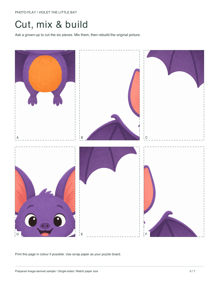 Friendly Halloween bat cut-and-build picture puzzle sheet