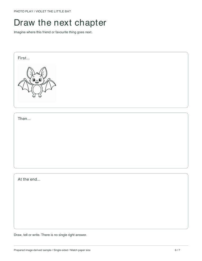 Friendly Halloween bat draw-a-story page with three scenes