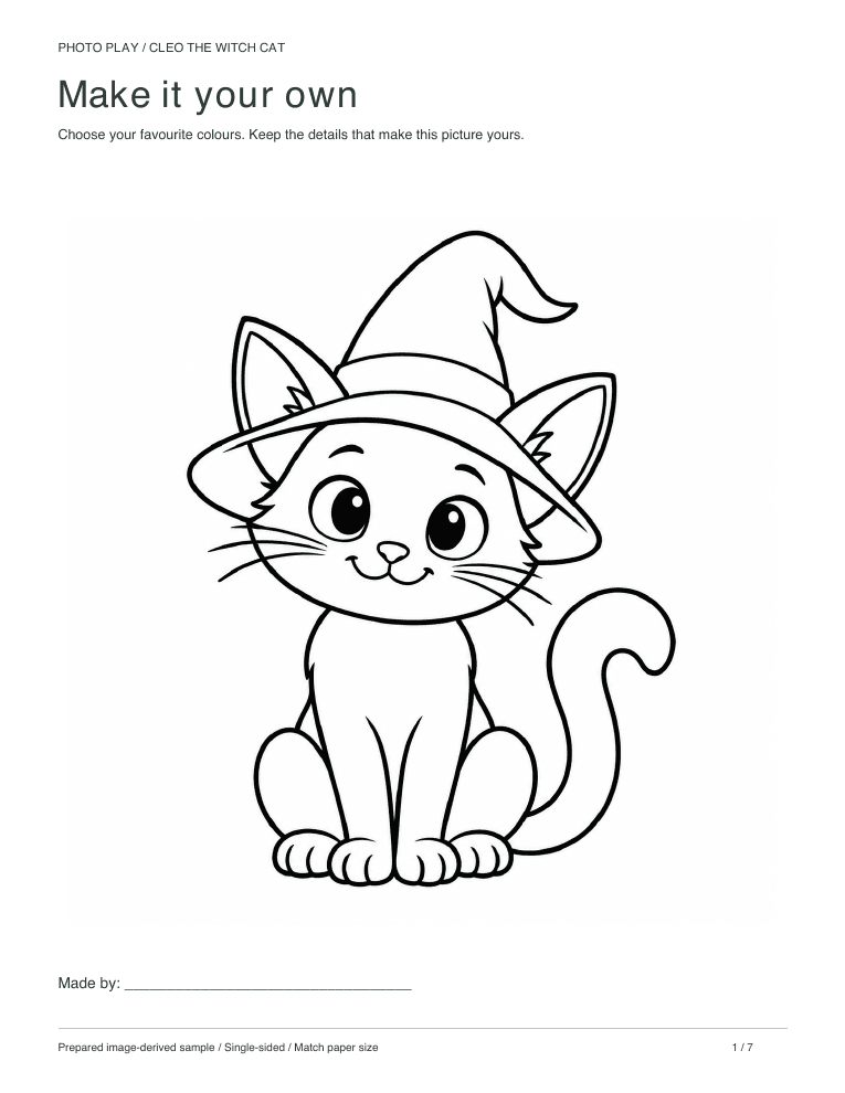 Halloween witch cat coloring page, free printable