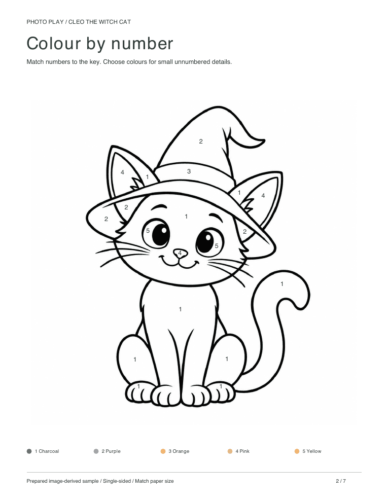 Halloween witch cat color by number worksheet with a colour key