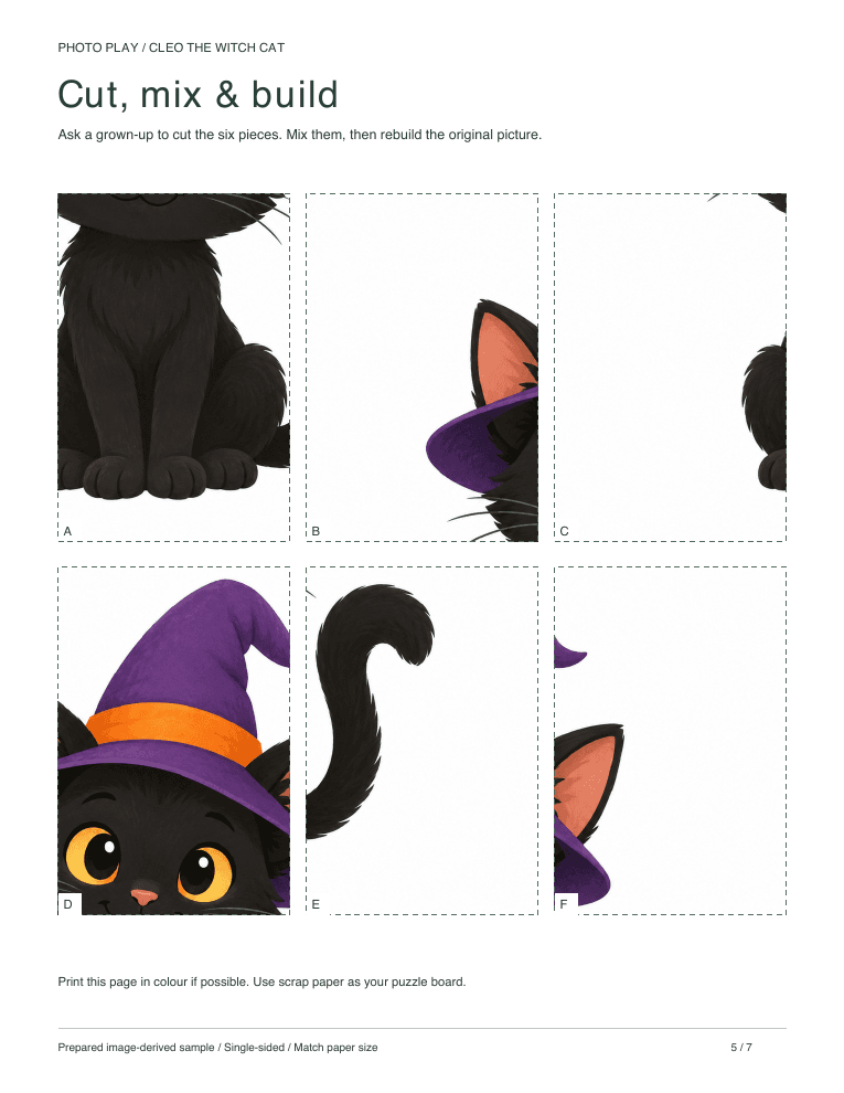 Halloween witch cat cut-and-build picture puzzle sheet