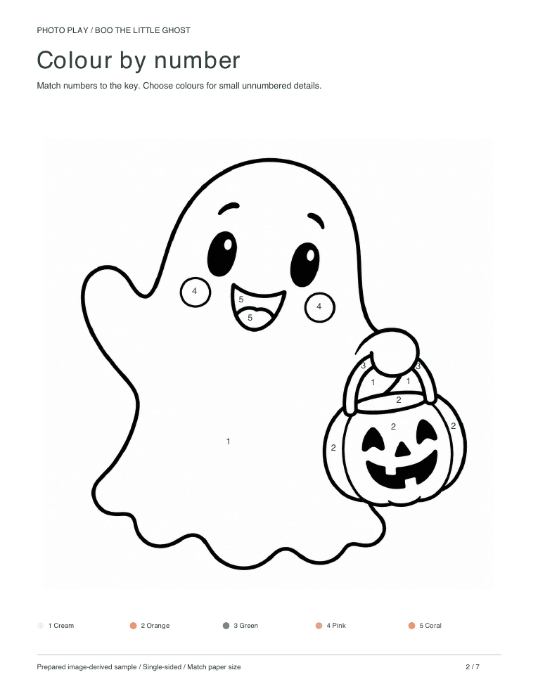 Friendly Halloween ghost color by number worksheet with a colour key