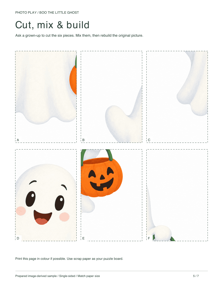 Friendly Halloween ghost cut-and-build picture puzzle sheet