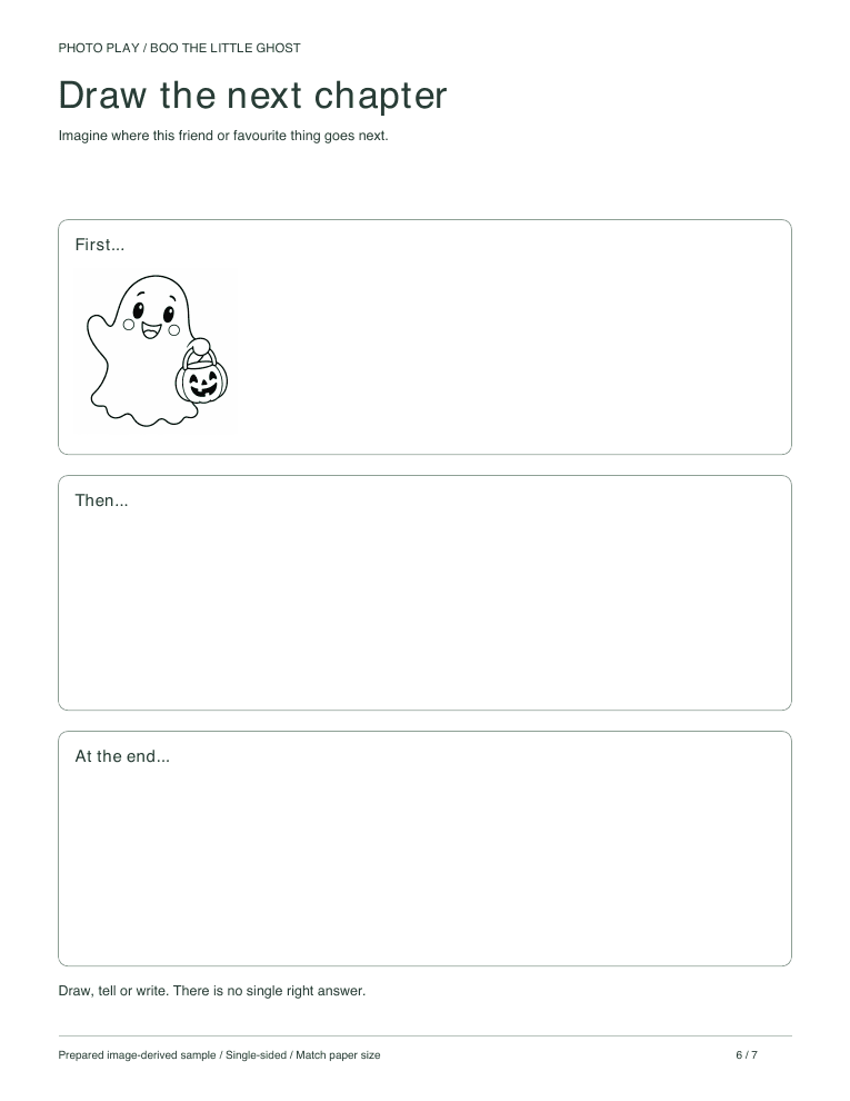 Friendly Halloween ghost draw-a-story page with three scenes