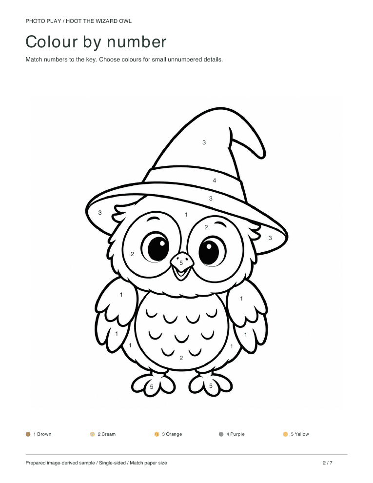 Halloween wizard owl color by number worksheet with a colour key