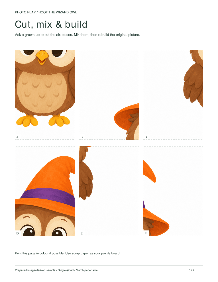 Halloween wizard owl cut-and-build picture puzzle sheet