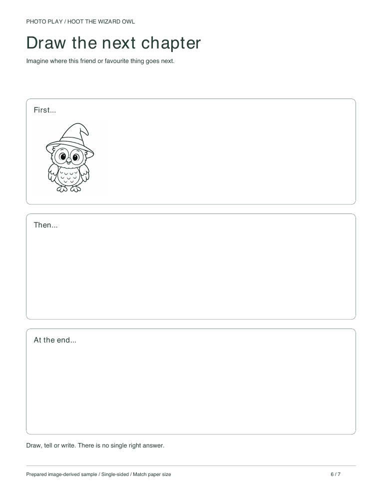 Halloween wizard owl draw-a-story page with three scenes