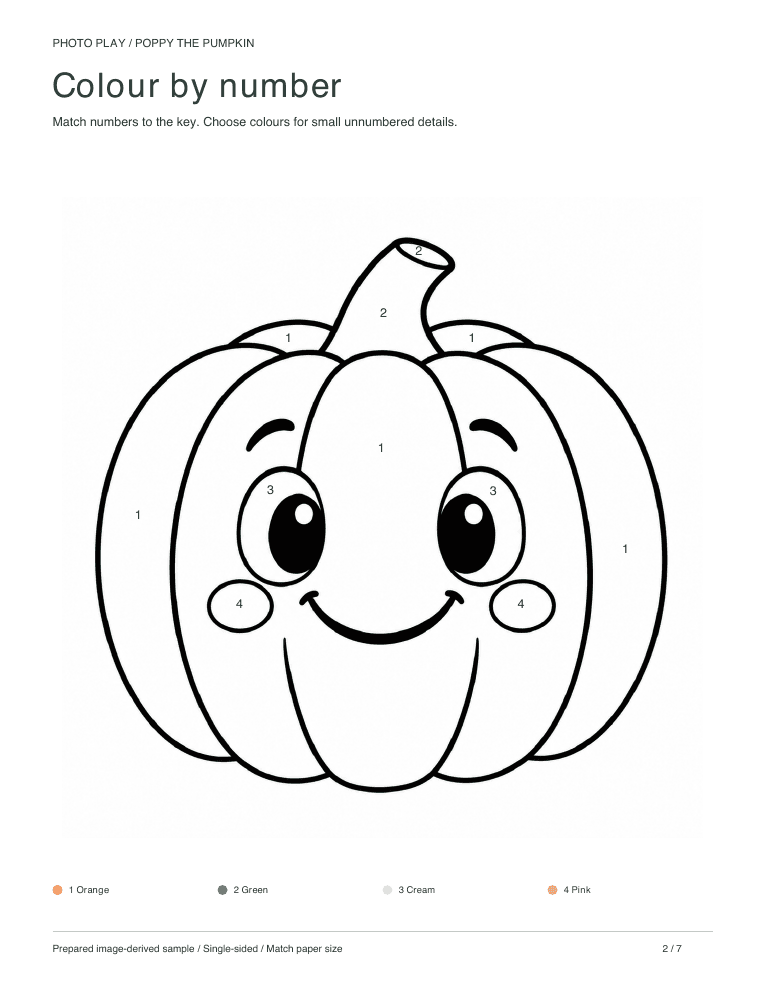 Friendly Halloween pumpkin color by number worksheet with a colour key
