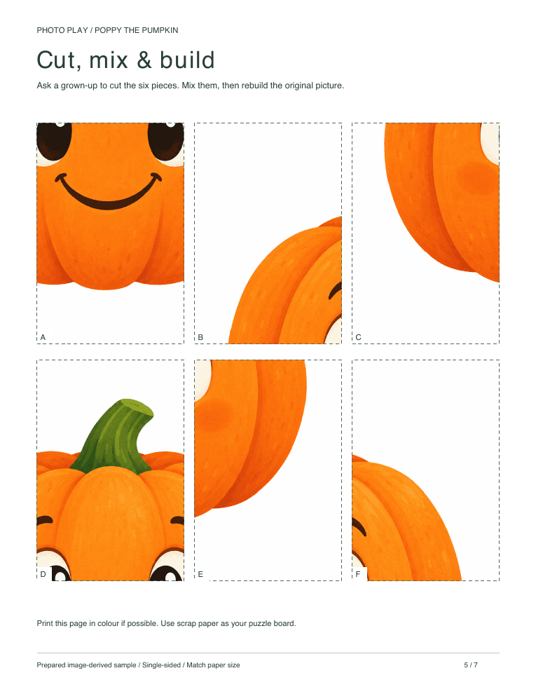 Friendly Halloween pumpkin cut-and-build picture puzzle sheet