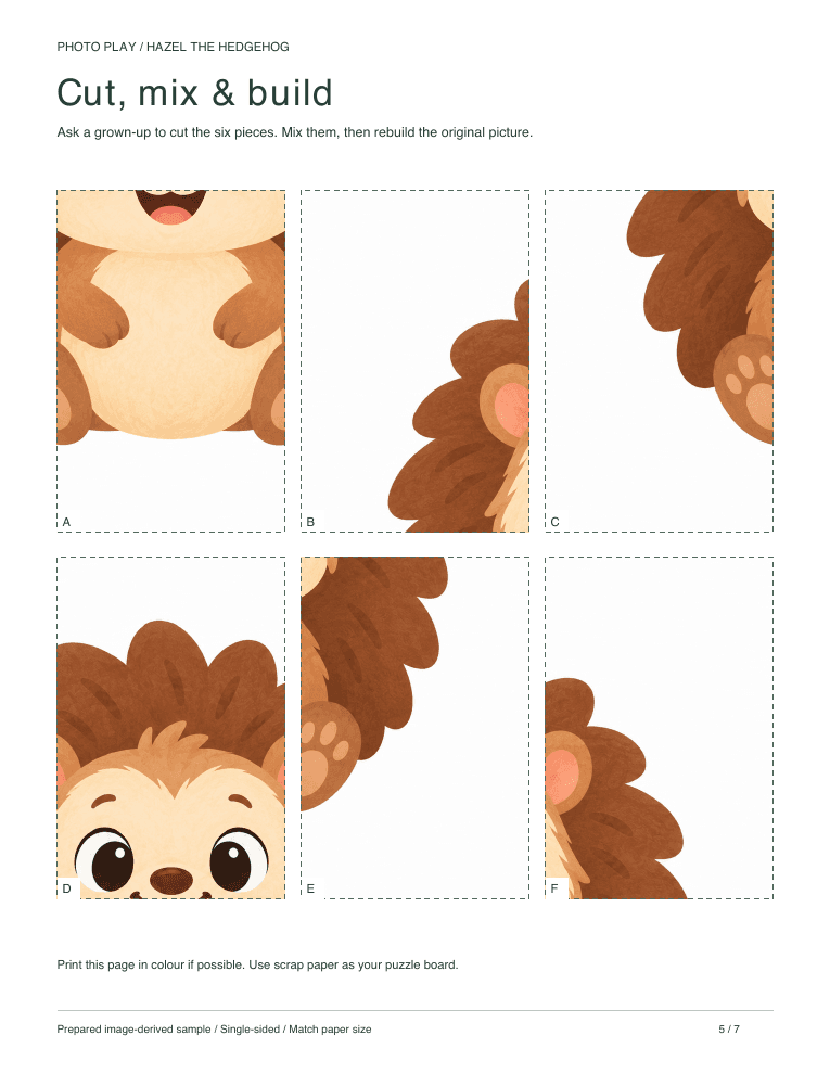 Hedgehog cut-and-build picture puzzle sheet