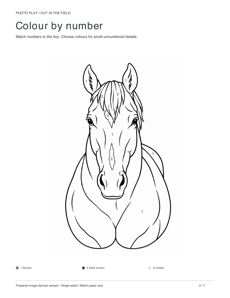 Horse color by number worksheet with a colour key
