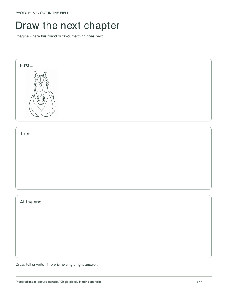 Horse draw-a-story page with three scenes