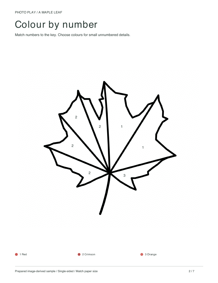 Maple leaf color by number worksheet with a colour key