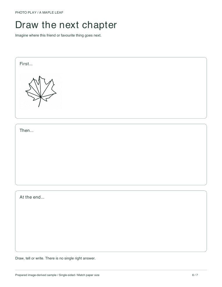 Maple leaf draw-a-story page with three scenes