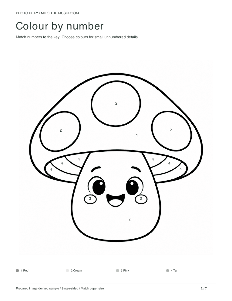 Mushroom color by number worksheet with a colour key