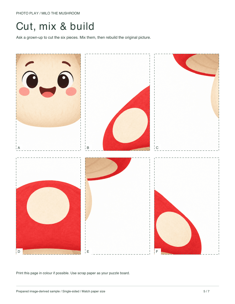Mushroom cut-and-build picture puzzle sheet