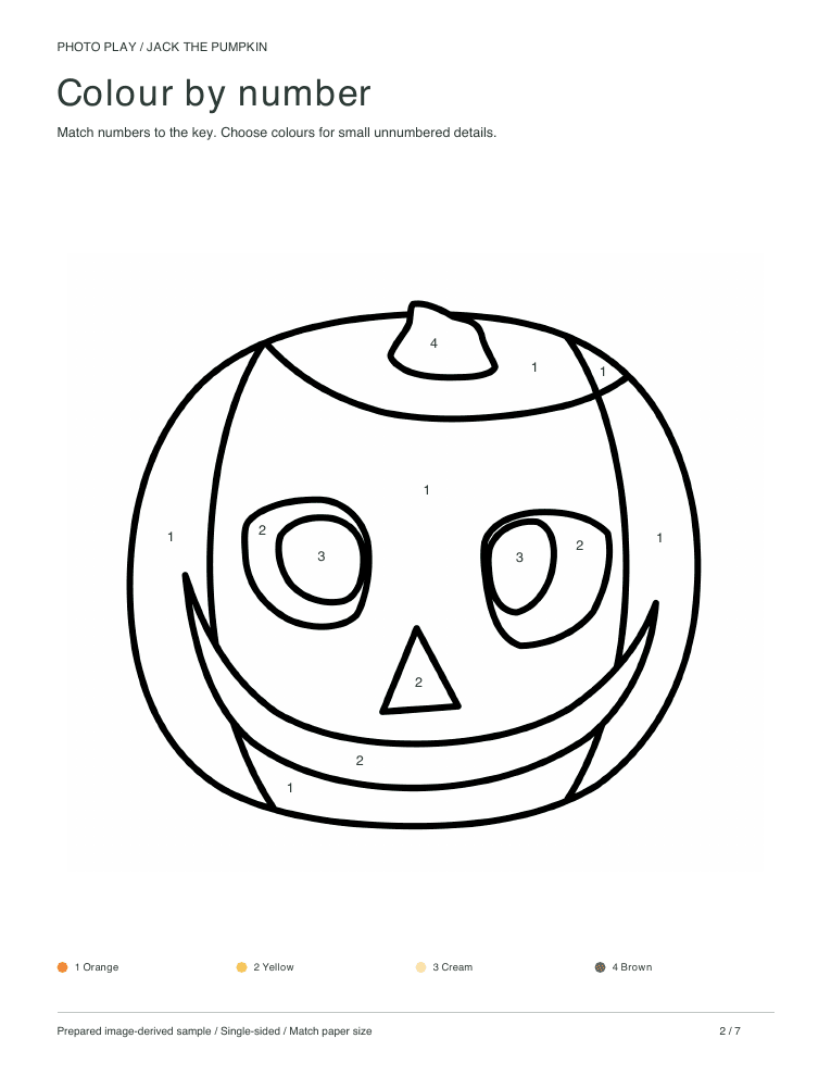 Jack-o'-lantern pumpkin color by number worksheet with a colour key