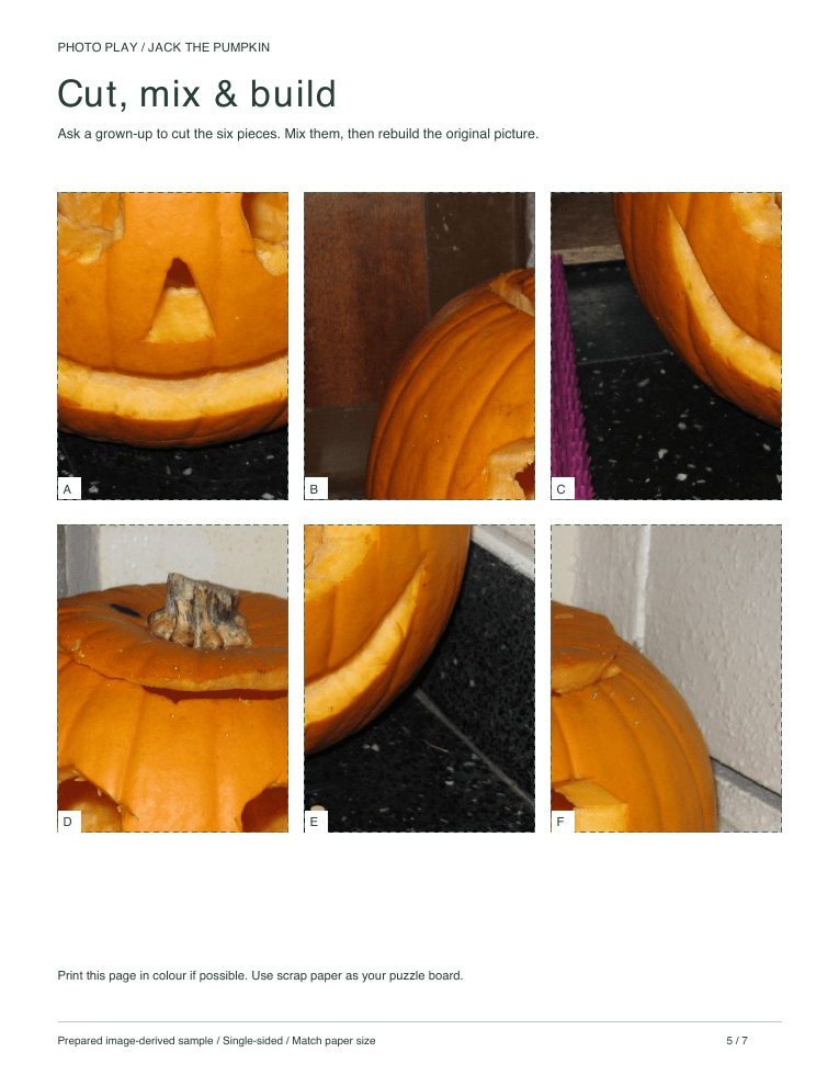 Jack-o'-lantern pumpkin cut-and-build picture puzzle sheet