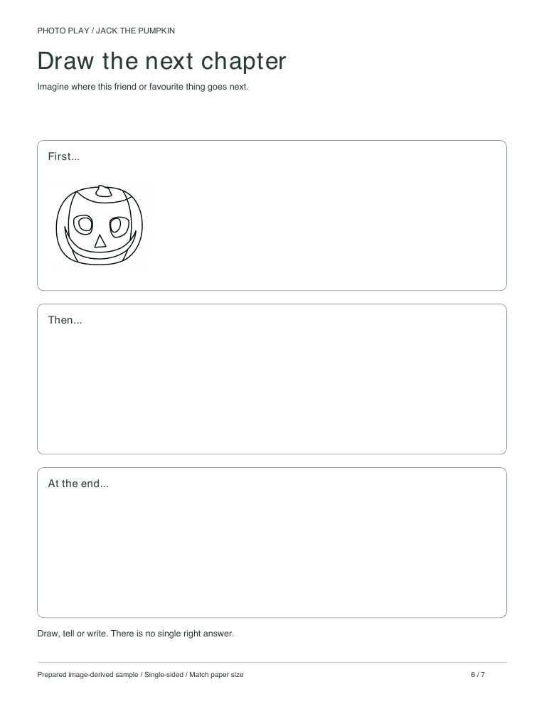 Jack-o'-lantern pumpkin draw-a-story page with three scenes