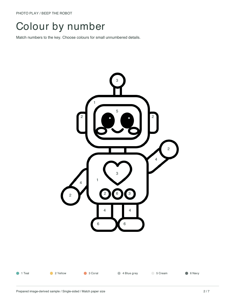 Robot color by number worksheet with a colour key