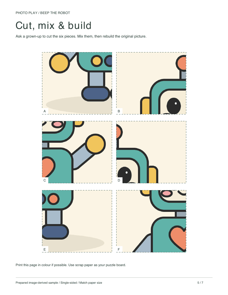 Robot cut-and-build picture puzzle sheet
