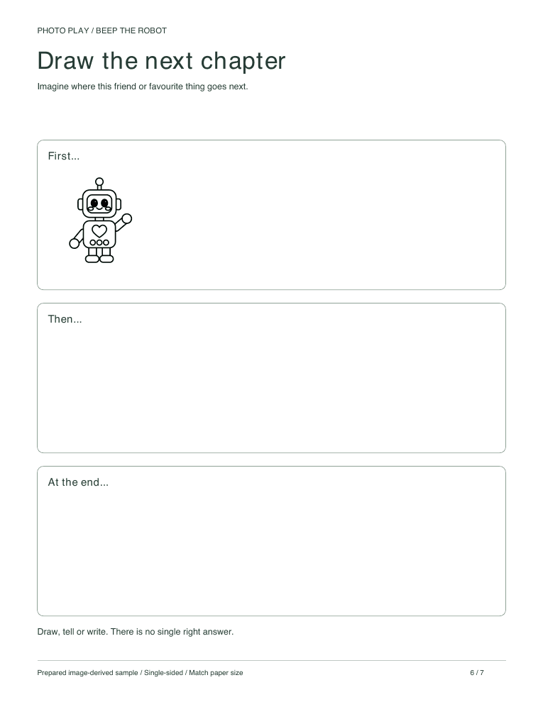 Robot draw-a-story page with three scenes