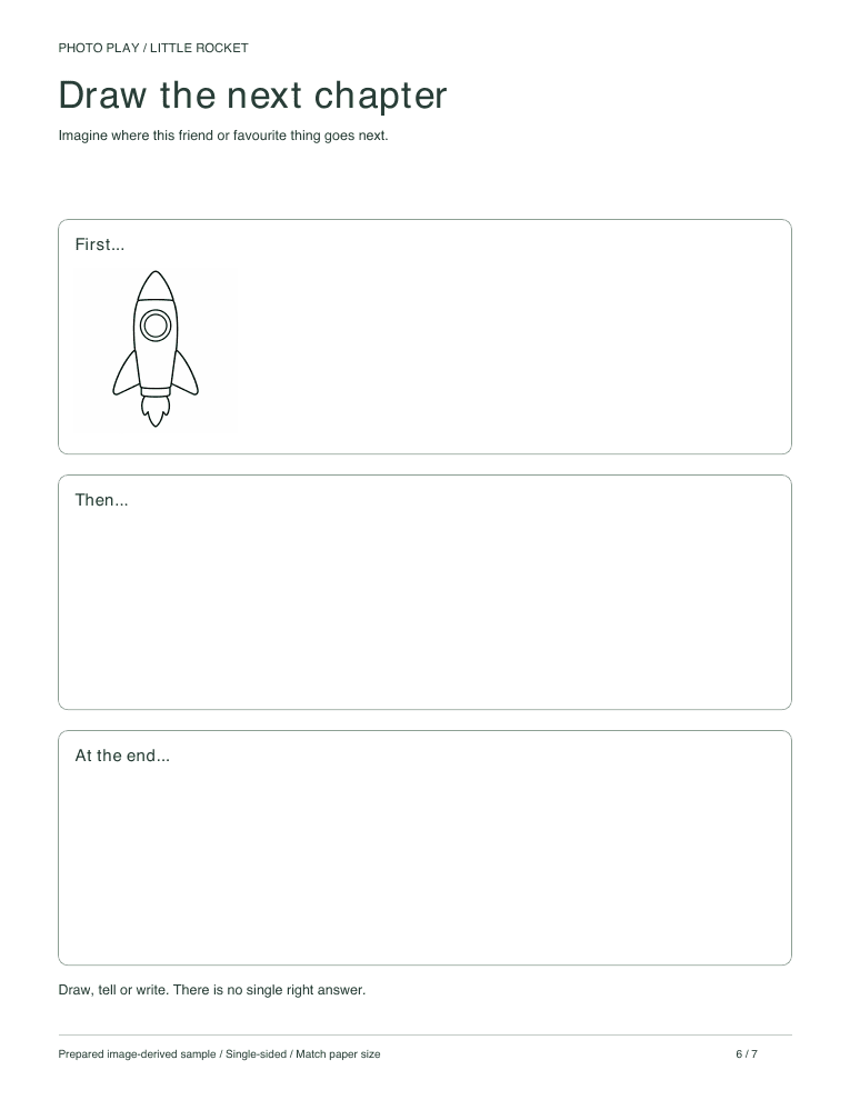 Rocket draw-a-story page with three scenes