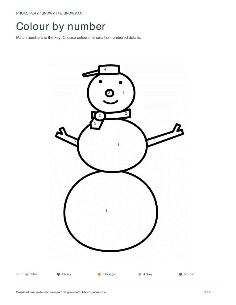 Snowman color by number worksheet with a colour key