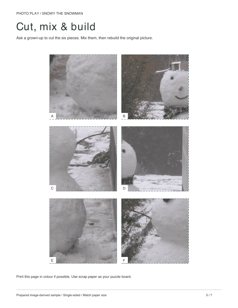 Snowman cut-and-build picture puzzle sheet