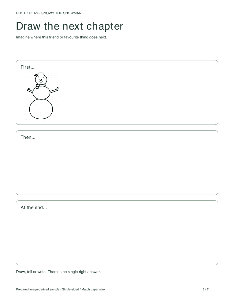 Snowman draw-a-story page with three scenes