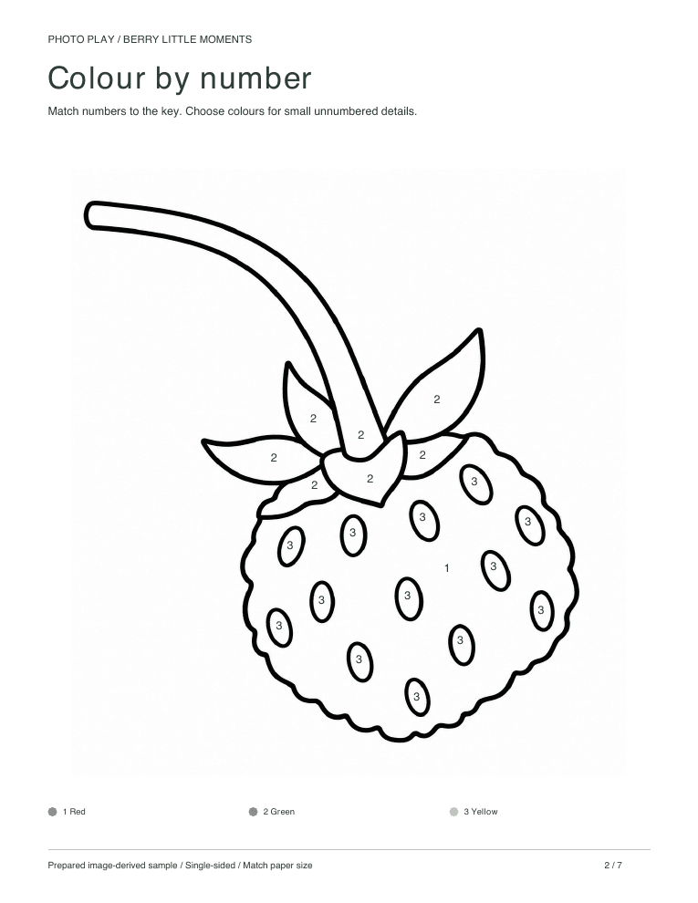 Strawberry color by number worksheet with a colour key